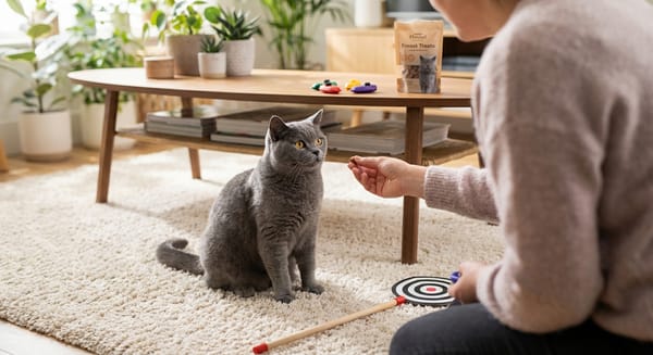 A British Shorthair cat engaged in a training session with its owner