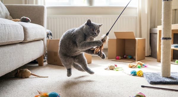 A playful British Shorthair cat enjoying interactive toys during playtime