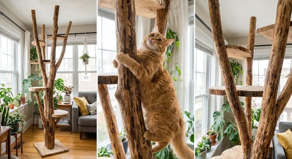 Natural wood cat tree with multiple climbing levels and scratching surfaces