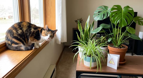 A cat near houseplants, illustrating which common plants are toxic to cats