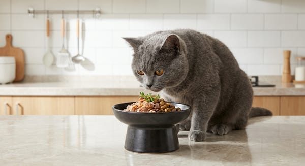 A British Shorthair cat beside a balanced meal, showing proper nutrition basics