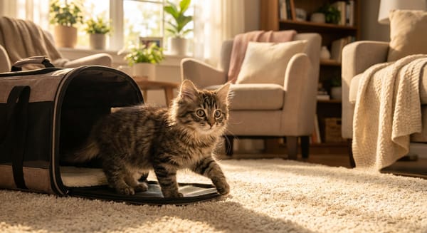 A new cat settling into its home with essential supplies nearby