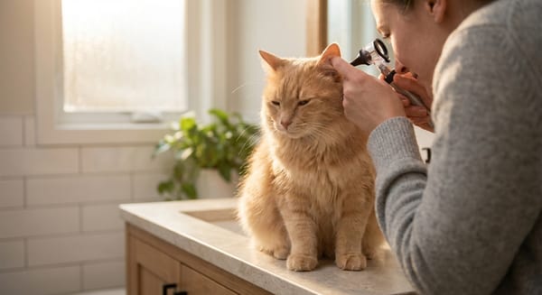 A cat during a gentle at-home health check by its owner