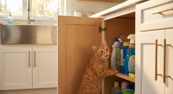 A curious cat exploring a safely cat-proofed home environment