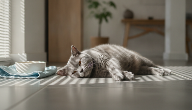 a cat sprawled flat on its side on cool ceramic hallway tiles, blinds half closed against bright summer sun, a ceramic w