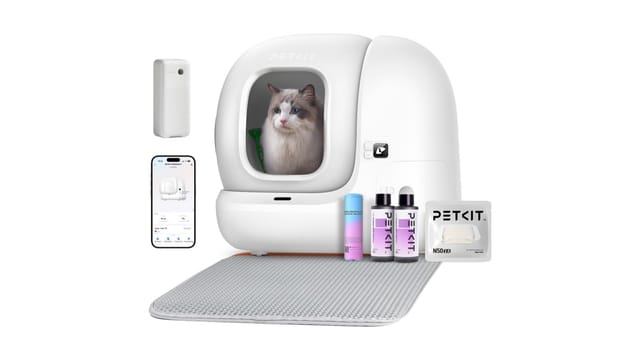 Petkit Pura Max self-cleaning litter box with cat inside, app, purifying refills and litter mat